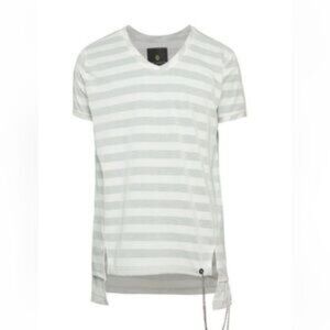 NWT Ron Tomson silver Striped V-Neck T-Shirt with chain